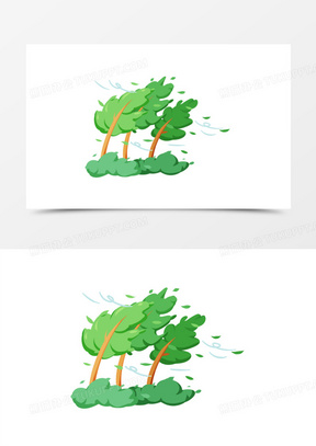 手绘卡通大风吹动树干免抠素材