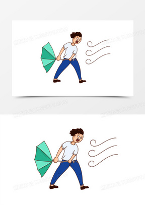 卡通手绘男孩被大风吹元素