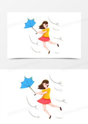 卡通手绘插画被大风吹的女孩元素