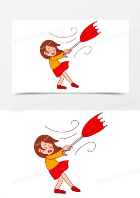 手绘卡通刮大风人物免抠素材