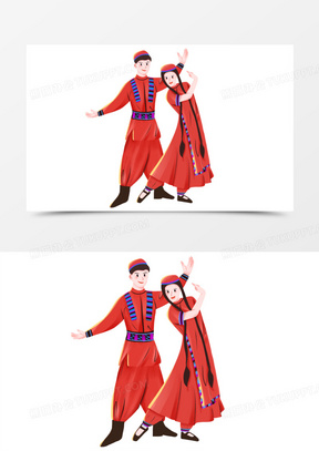 手绘卡通跳新疆舞男女素材