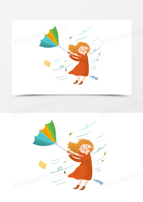 卡通手绘女孩的伞被风吹起来素材