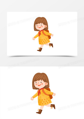 卡通手绘开心走路的女学生素材
