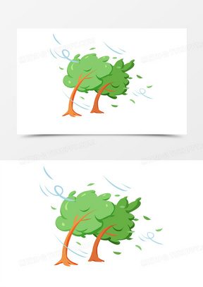 手绘卡通风吹树倒免抠素材