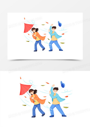 手绘卡通刮大风吹动人物免抠素材