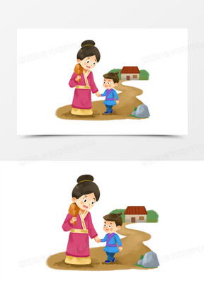 卡通手绘孟母三迁成语故事插画素材