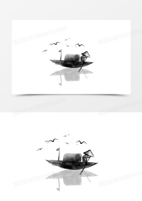 手绘水墨山水船夫免抠素材