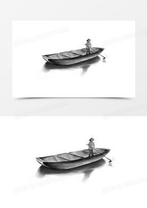 手绘水墨船夫免抠元素