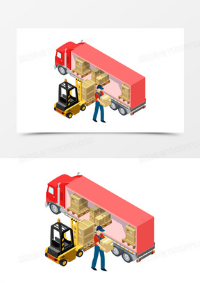 手绘矢量卡车卸货搬运场景插画素材