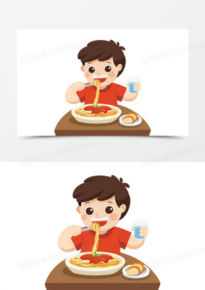 卡通手绘小男孩吃面素材