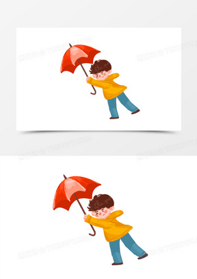 卡通手绘免抠撑伞的男孩素材