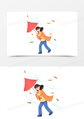 卡通手绘免抠北风吹的女人素材
