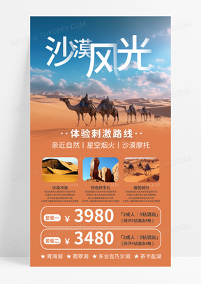 橙色摄影实拍夏日沙漠风光冲浪旅游出行旅行团手机海报