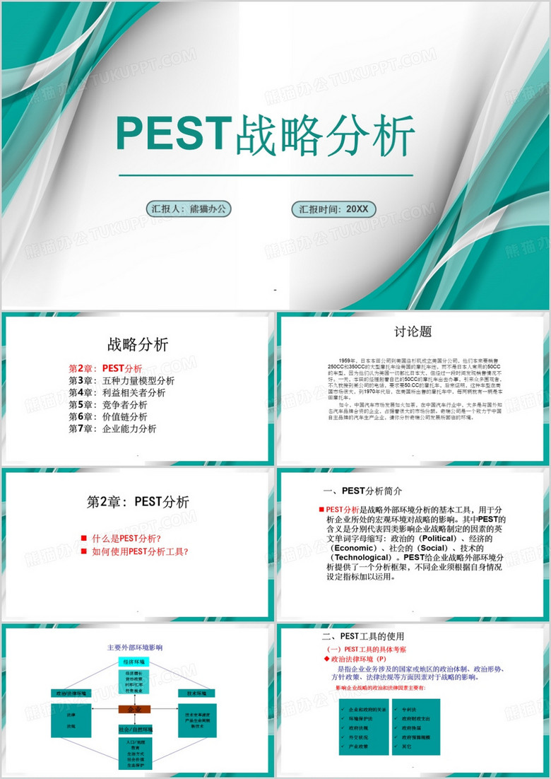 绿色简约风PEST分析PPT模板