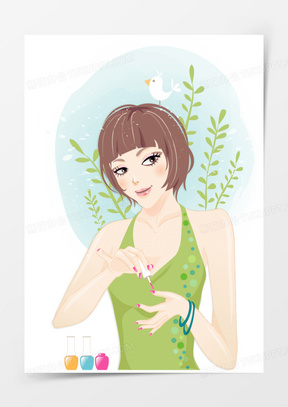 矢量卡通涂指甲油的美女