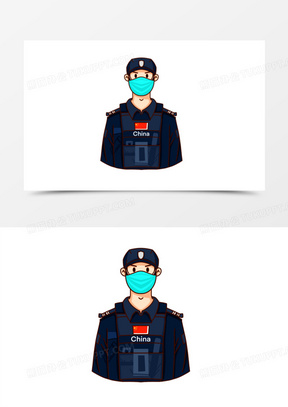 卡通手绘戴口罩的中国警察素材