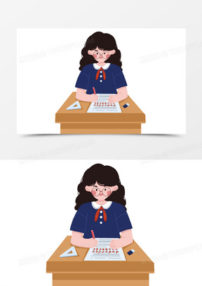 手绘女生考试做题目插画元素