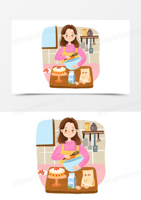 手绘卡通女孩做蛋糕插画免抠元素