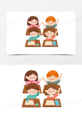 手绘卡通学生上课举手问问题场景插画免抠元素