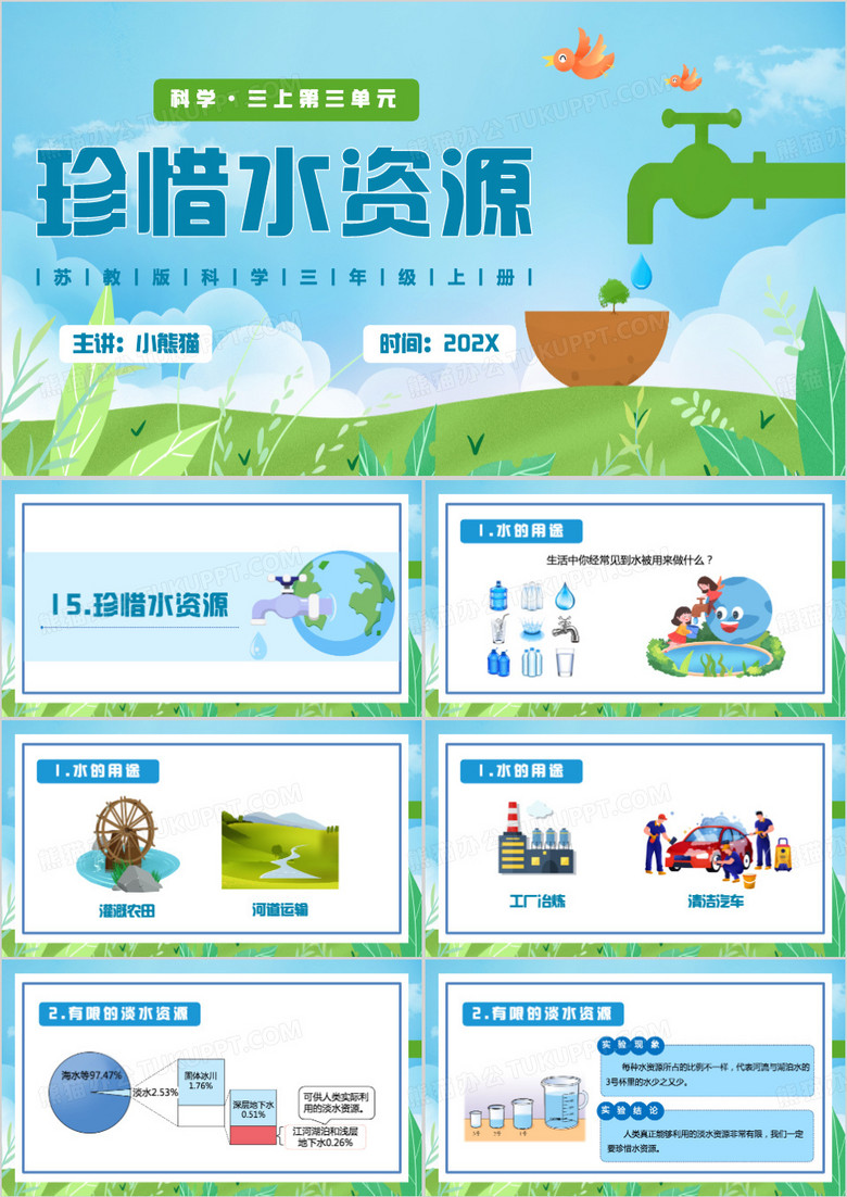 蓝色卡通风珍惜水资源PPT模板