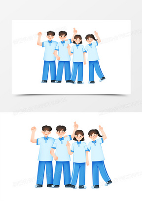 手绘卡通高中生四人合照免抠素材
