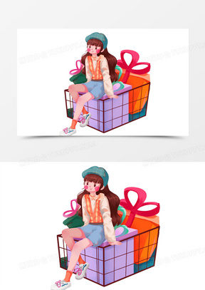 卡通手绘女孩疯狂买买买元素