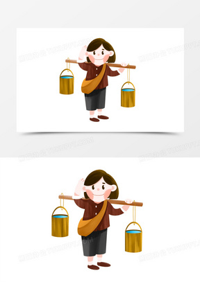 卡通手绘挑水场景素材