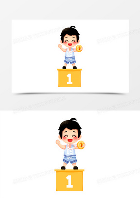 卡通手绘小孩拿奖牌得第一名素材
