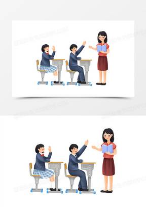 手绘插画风老师提问学生举手元素