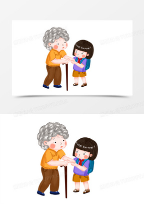 卡通手绘女孩搀扶老人素材