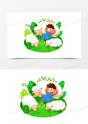 手绘卡通放羊的孩子素材