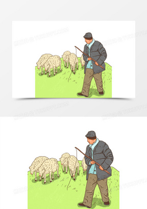 手绘卡通放养人牧羊素材元素