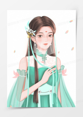 手绘戴面纱的古风美女素材