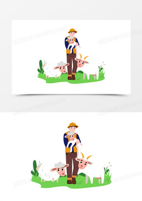 手绘卡通牧羊人抱着小羊素材