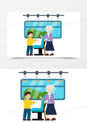 手绘卡通矢量公交上给老人让座素材