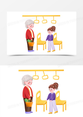 手绘卡通小孩给老人让座元素