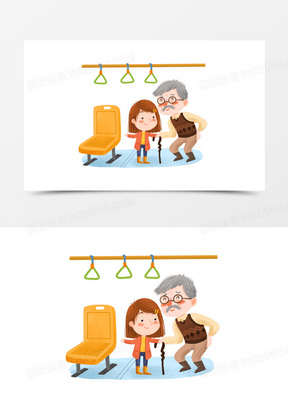 手绘卡通给老人让座插画免抠元素