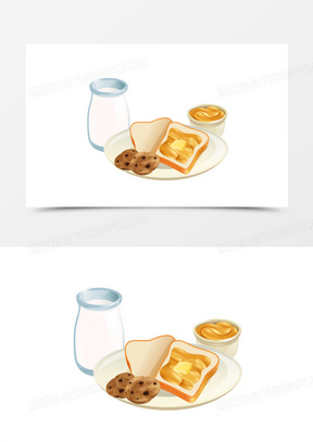 手绘牛奶面包早餐素材