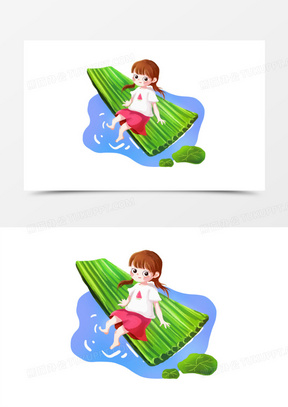 手绘卡通小女孩坐在竹筏玩水