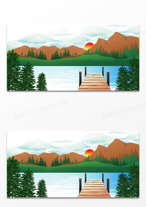 卡通湖边小桥落日自然景观背景