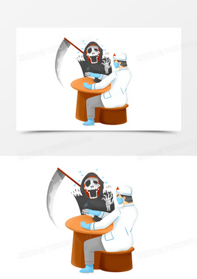 手绘卡通医生与死神掰手腕素材