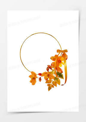 黄色花卉植物树叶蝴蝶结圆形边框