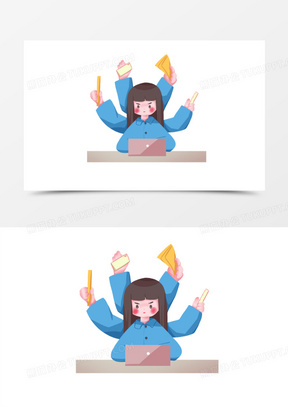 卡通手绘三头六臂忙工作的女孩素材