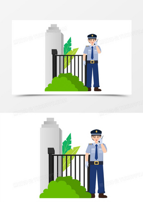 卡通小区保安站岗素材