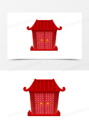 手绘红色中式大门素材