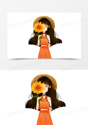 手绘拿花的女生插画元素