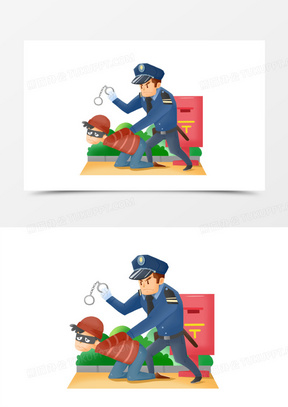 手绘卡通警察抓捕罪犯素材