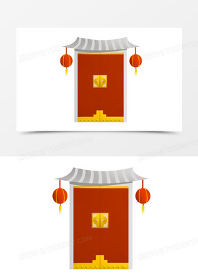 卡通手绘古代大红门素材
