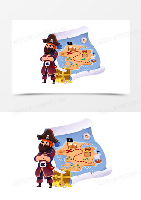 手绘卡通海盗寻宝素材