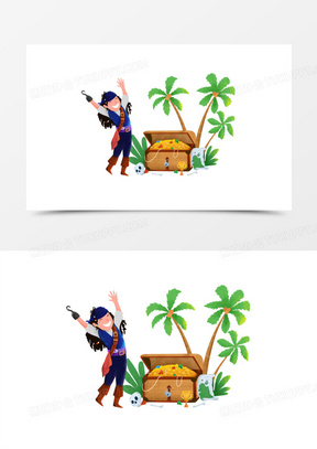 手绘卡通海盗发现宝藏素材